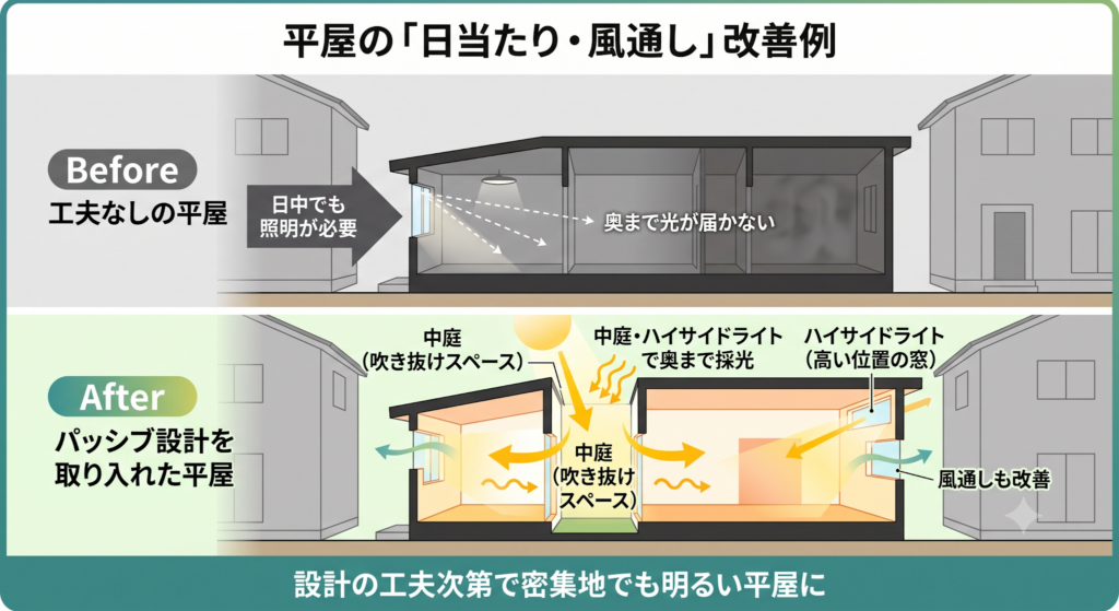 密集地での平屋の日当たり改善例。上段の工夫なしでは暗いが、下段の中庭とハイサイドライトを設けたパッシブ設計では、光と風が奥まで届いている。