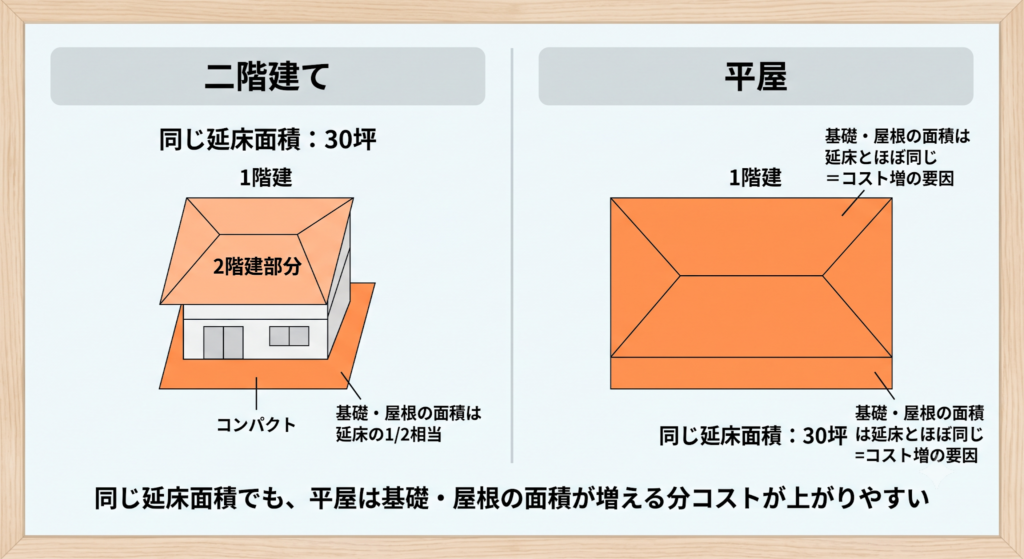 同じ延床面積における二階建てと平屋の比較図。平屋は基礎や屋根の面積が広くなるため、建築コストが上がりやすい要因を解説している。