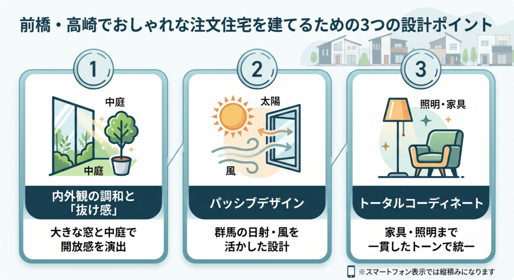 前橋・高崎でおしゃれな住宅を建てる3つのポイント。「内外観の調和と抜け感」「パッシブデザイン」「トータルコーディネート」をイラスト付きで解説する図解。
