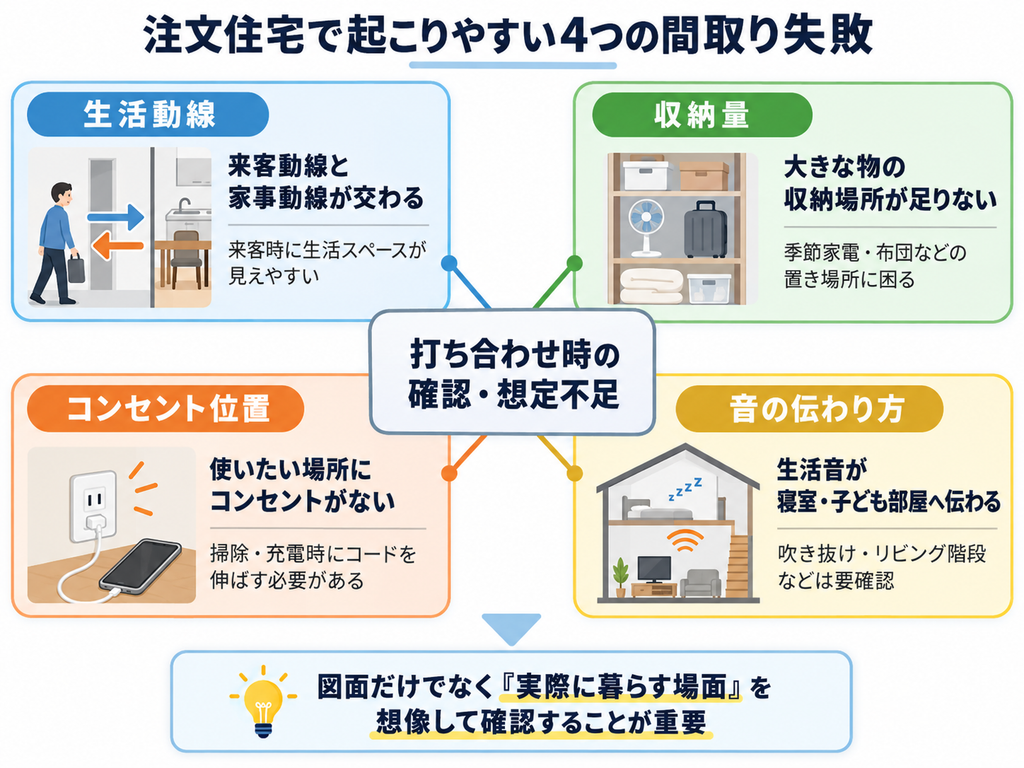 注文住宅で起こりやすい間取りの失敗として、生活動線・収納量・コンセント位置・音の伝わり方の4項目と、打ち合わせ時の確認・想定不足との関係を示した図解
