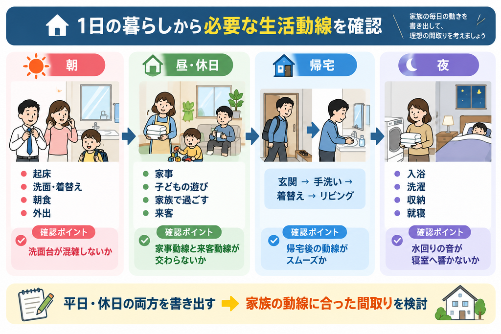 朝・昼休日・帰宅後・夜の4つの時間帯ごとに家族の行動と確認ポイントを整理し、平日と休日の生活動線から間取りを検討する流れを示した図解。