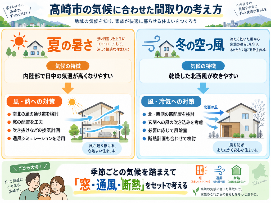 高崎市の気候に合わせた間取りの考え方として、夏の暑さには通風や窓配置、冬の空っ風には窓配置や断熱などの対策を比較し、季節ごとに窓・通風・断熱をセットで考える重要性を示した図解。