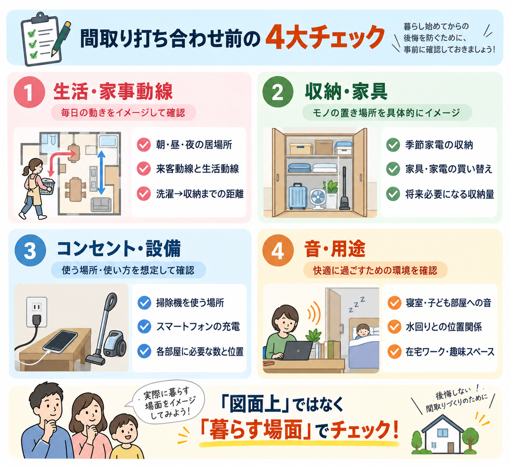 間取りの打ち合わせ前に確認したい生活・家事動線、収納・家具、コンセント・設備、音・用途の4項目を整理し、実際の暮らしをイメージして確認する重要性を示したチェックリスト図。
