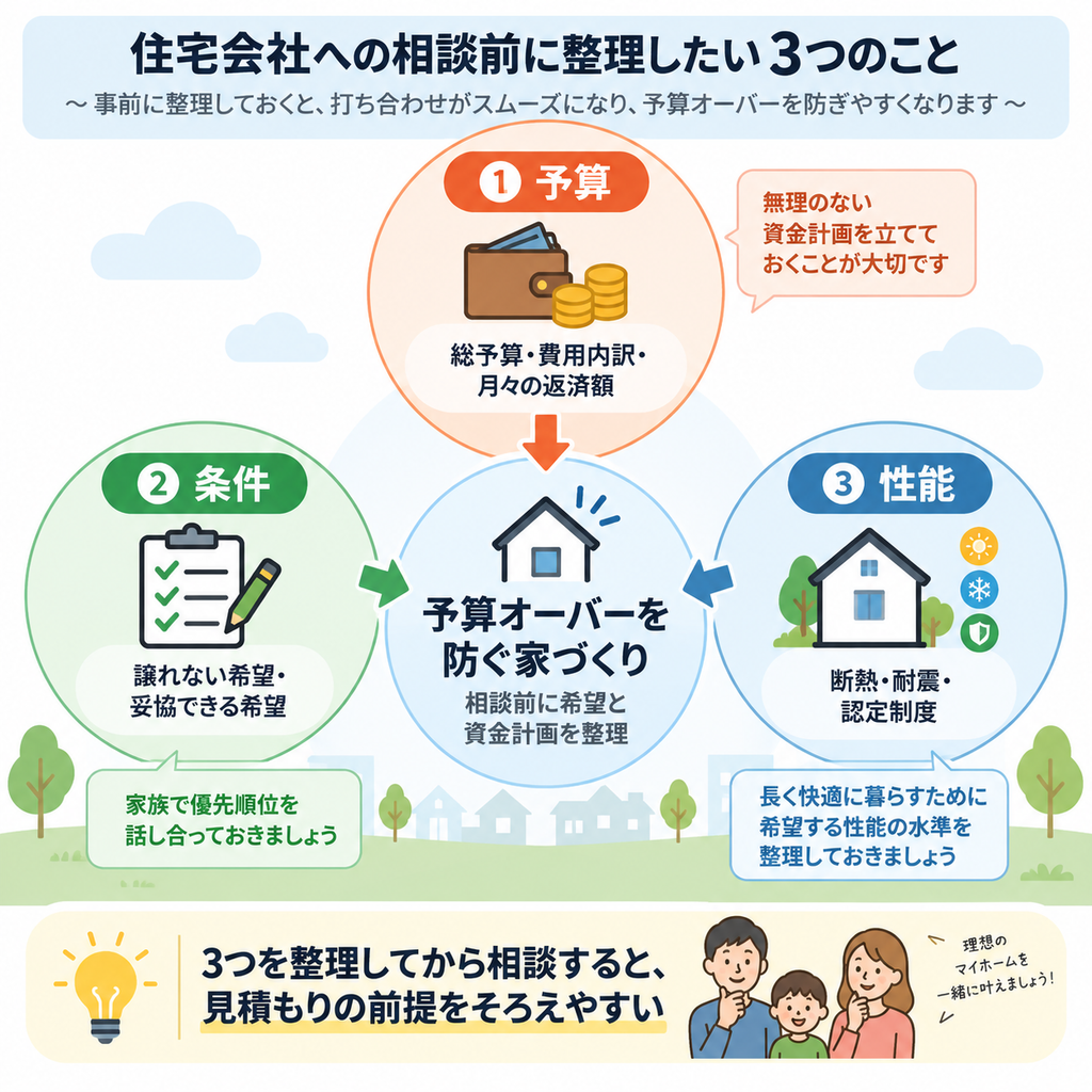 住宅会社への相談前に整理すべき予算・条件・性能の3要素と、予算オーバーを防ぐための関係性を示した図解