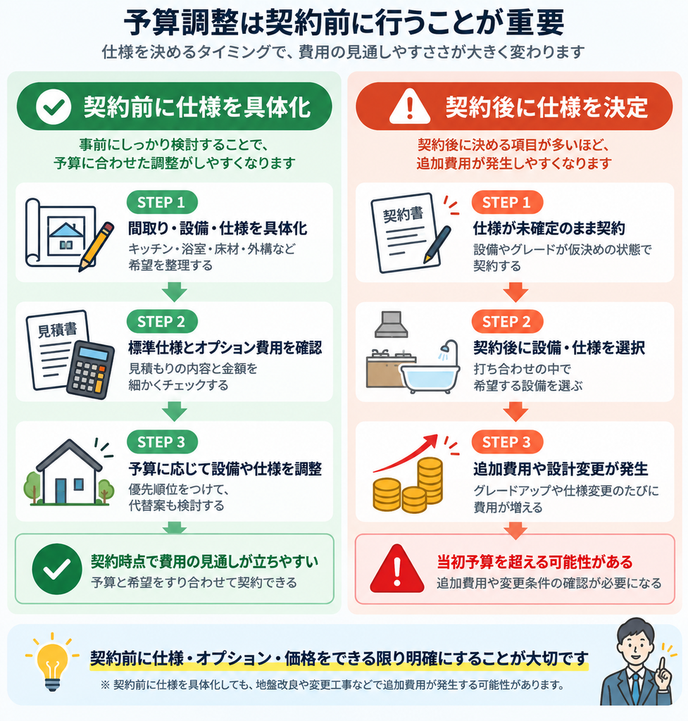 契約前と契約後に仕様を決める場合の手順を比較し、追加費用の発生リスクと予算調整の違いを示した図解