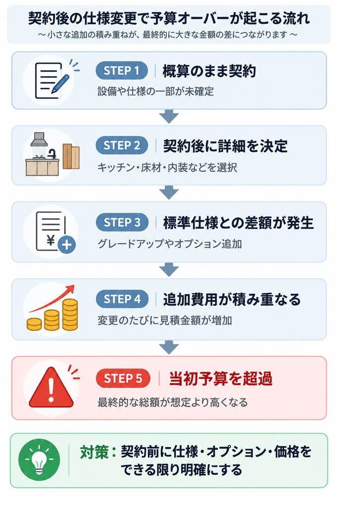 仕様が未確定のまま契約し、設備変更や追加費用の積み重ねによって予算オーバーが起こる流れを示した図解